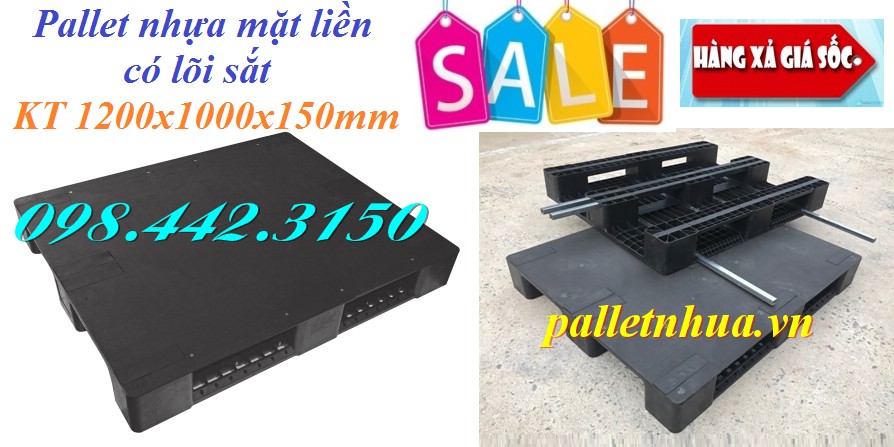 Pallet nhựa mặt liền c&oacute; l&otilde;i sắt m&agrave;u đen