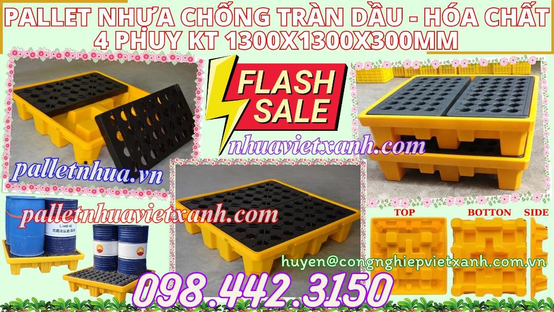 Pallet nhựa chống tràn dầu - hóa chât 4 phuy 1300x1300x300mm