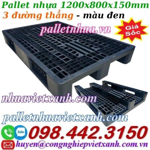 Pallet nhựa 1200x800x150mm 3 đường thẳng màu đen