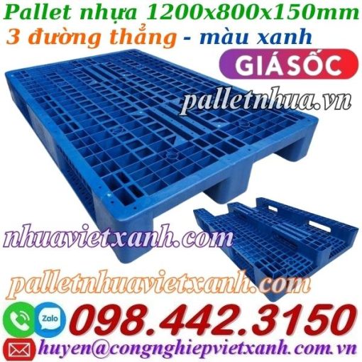 Pallet nhựa 1200x800x150mm 3 đường thẳng màu xanh