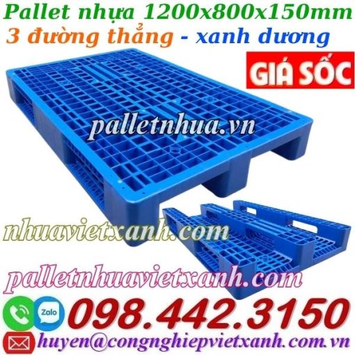 Pallet nhựa 1200x800x150mm 3 đường thẳng xanh dương
