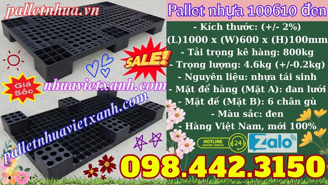 Pallet nhựa 100610 kích thước 1000x600x100mm