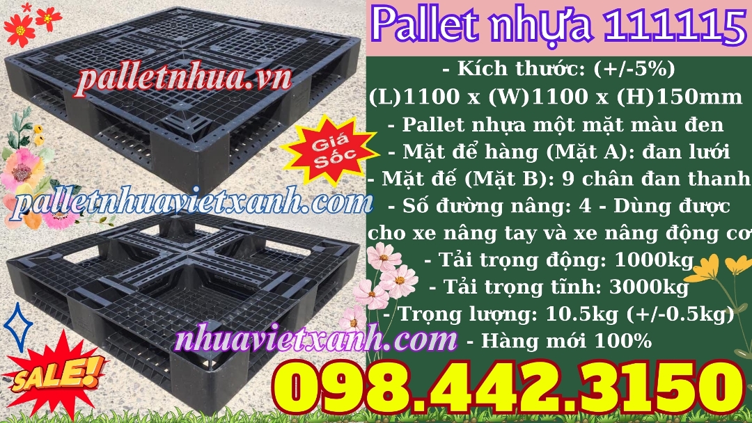 Pallet nhựa màu đen 1100x1100x150mm