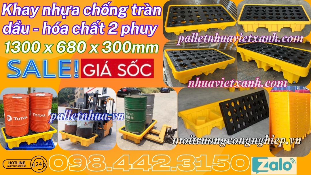 Khay nhựa chống tràn 2 thùng phuy 1300x680x300mm