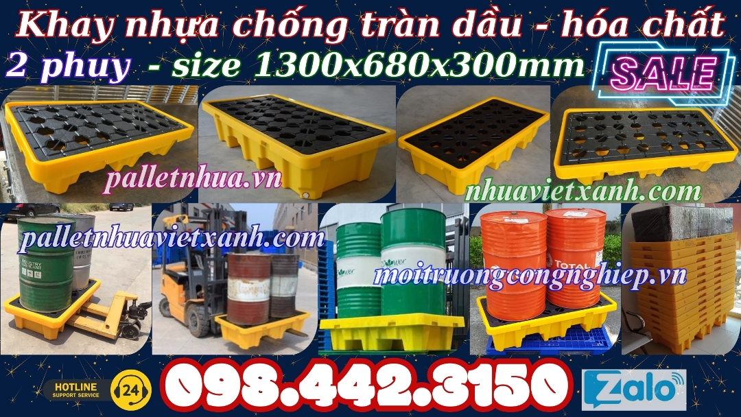 Khay nhựa chống tràn dầu - hóa chất 2 phuy 1300x680x300mm