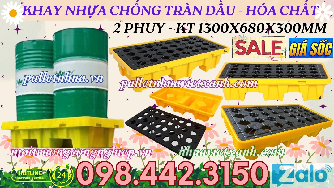 Khay nhựa chống tràn dầu - hóa chất 2 phuy cao 300mm