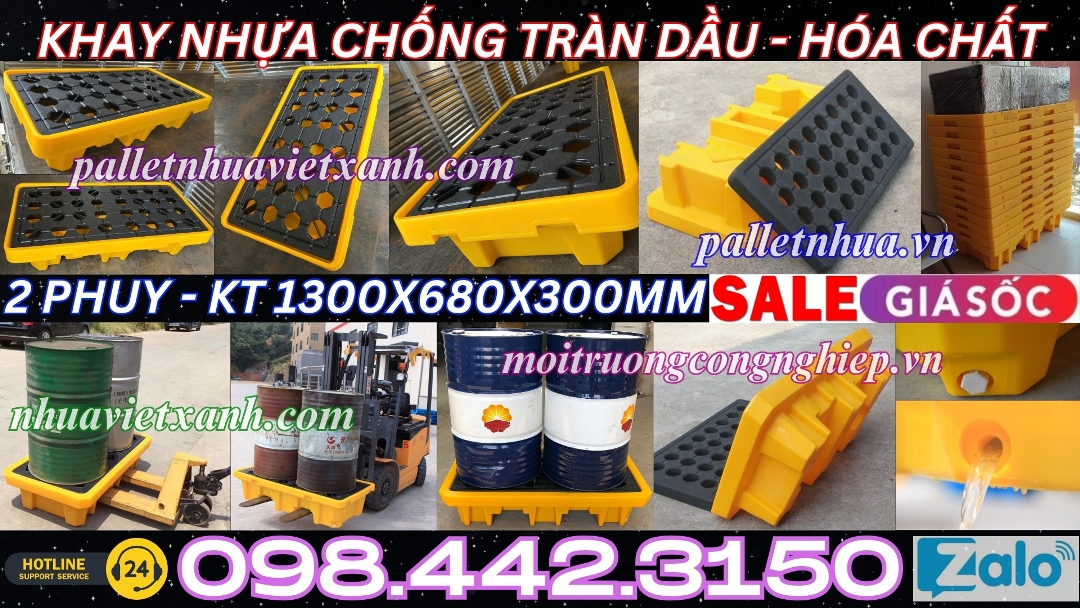 Khay nhựa chống tràn dầu - hóa chất 2 phuy KT 1300x680x300mm