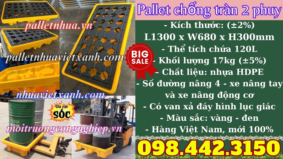 Pallet nhựa chống tràn 2 phuy cao 300mm - 1300x680mm