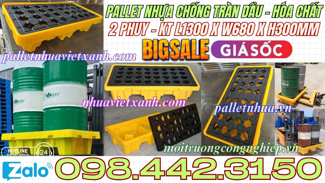 Pallet nhựa chống tràn dầu - hóa chất 2 phuy 1300x680x300mm
