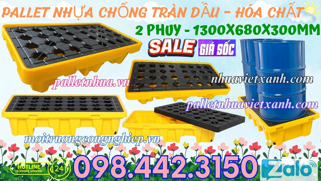 Pallet nhựa chống tràn dầu - hóa chất 2 phuy cao 300mm