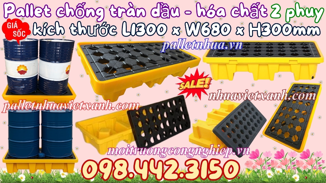 Pallet nhựa chống tràn dầu - hóa chất 2 phuy KT 1300x680x300mm