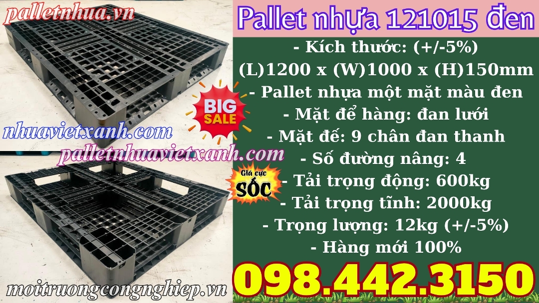 Pallet nhựa 1200x1000x150mm màu đen PL121015