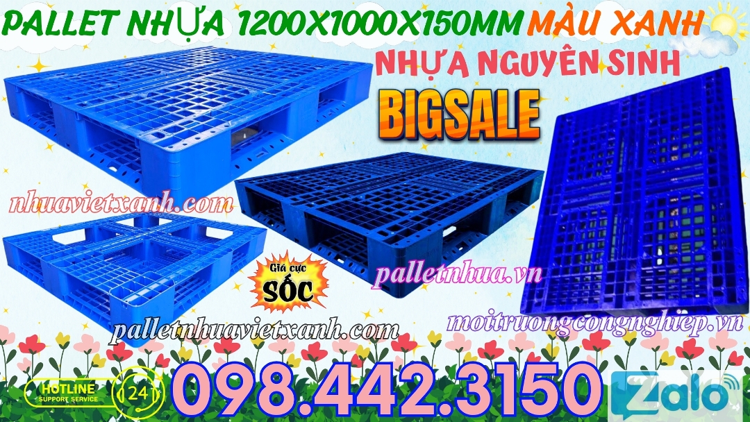 Pallet nhựa 1200x1000x150mm màu xanh nhựa nguyên sinh