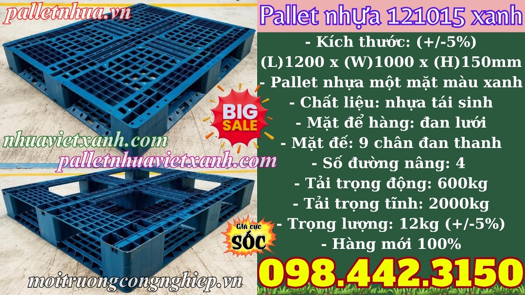 Pallet nhựa 1200x1000x150mm màu xanh nhựa tái sinh