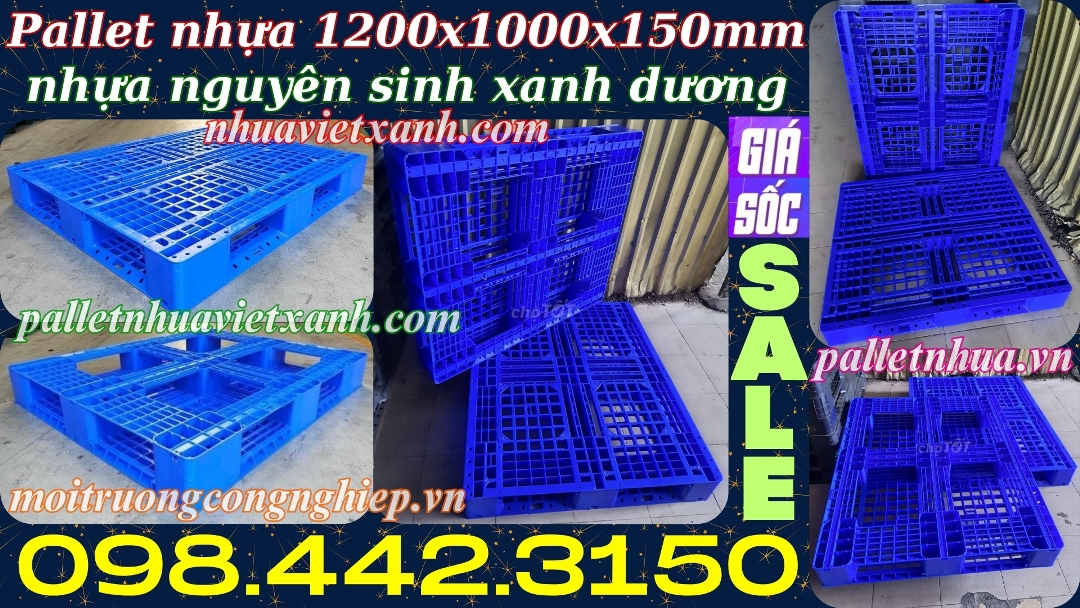Pallet nhựa 1200x1000x150mm nhựa nguyên sinh xanh dương đậm PL121015