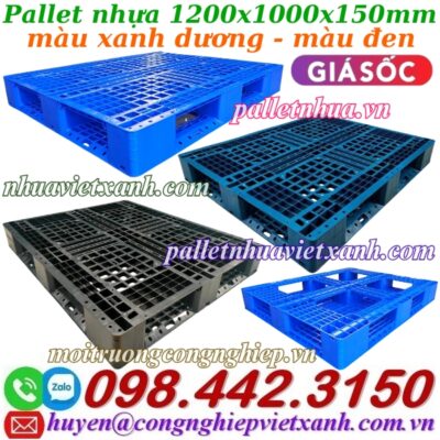 Pallet nhựa 1200x1000x150mm xanh dương và đen