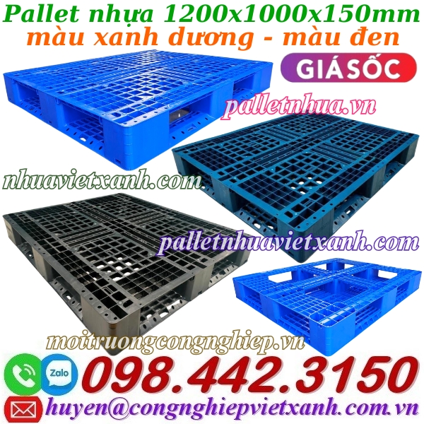 Pallet nhựa 1200x1000x150mm xanh dương và đen