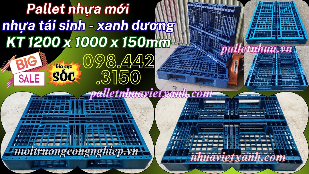 Pallet nhựa mới 1200x1000x150mm màu xanh