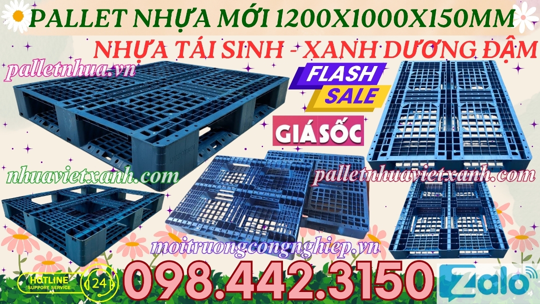 Pallet nhựa mới 1200x1000x150mm nhựa tái sinh màu xanh
