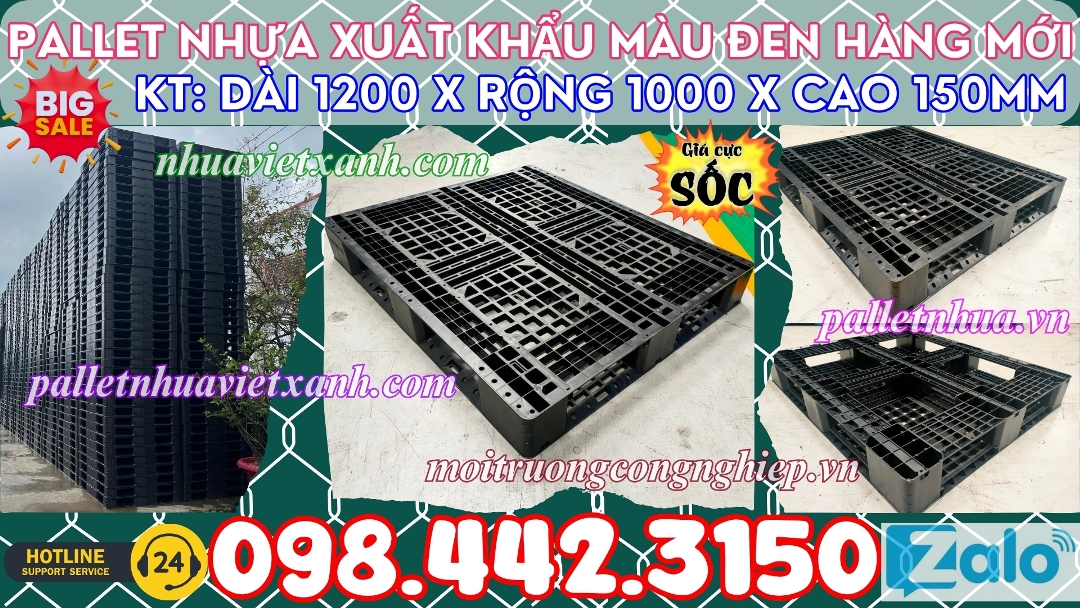 Pallet nhựa xuất khẩu màu đen hàng mới 1200x1000x150mm