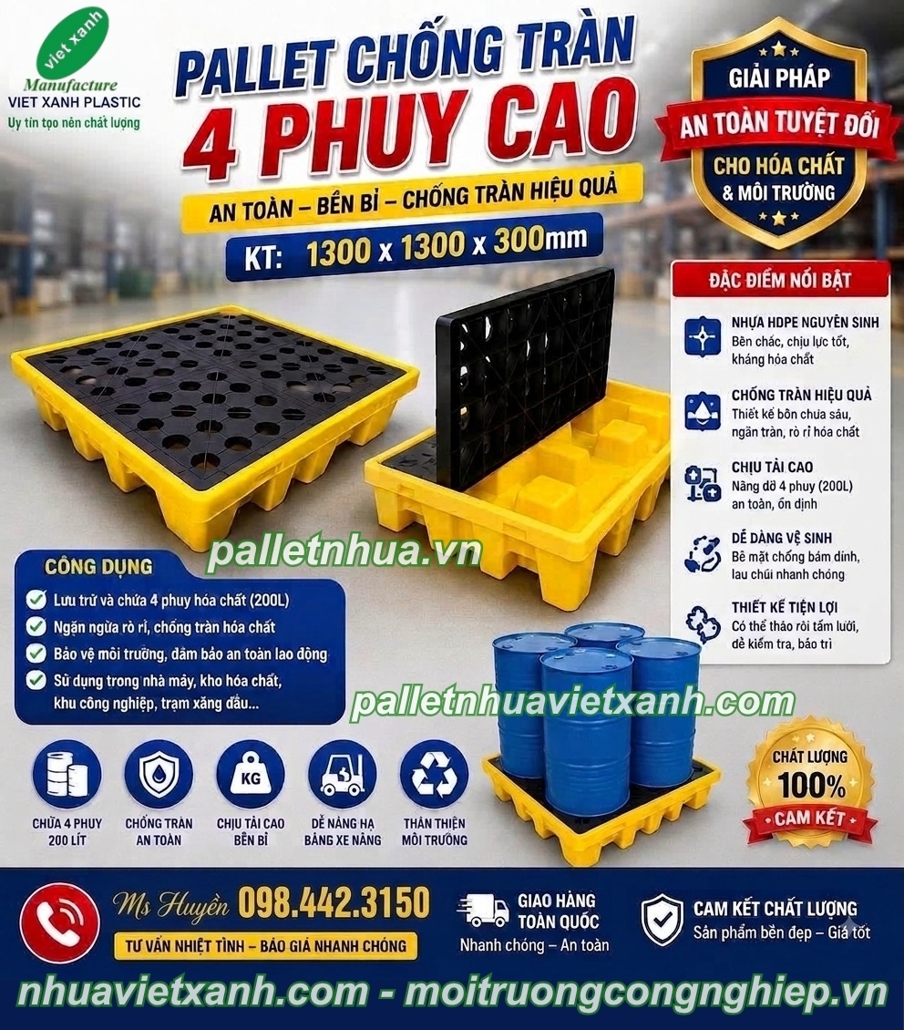 Pallet chống tràn 4 phuy 1300x1300x300mm