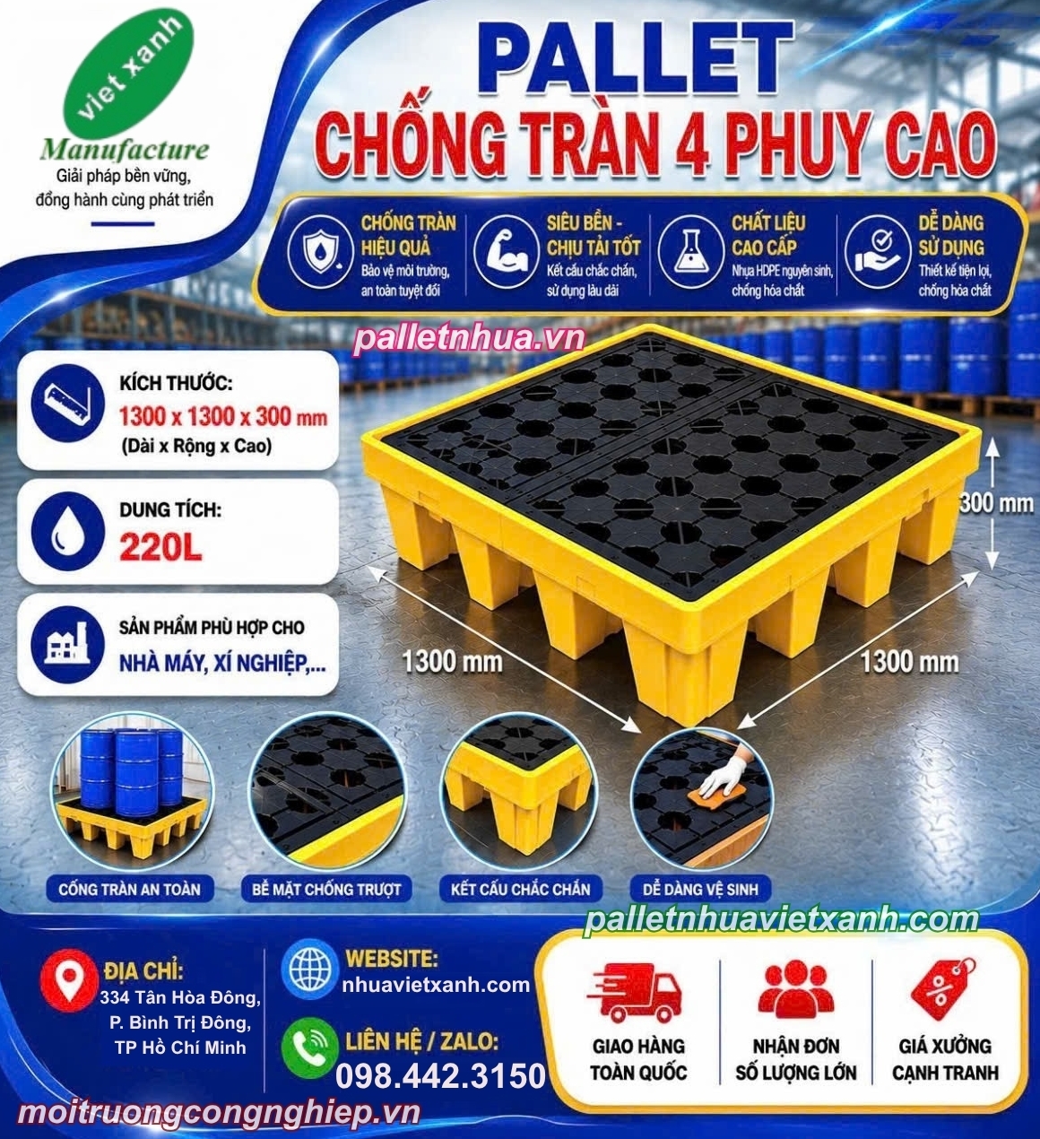 Pallet chống tràn 4 phuy BVMT 1300x1300x300mm