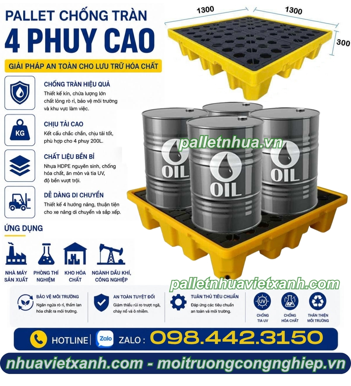 Pallet chống tràn 4 phuy cao 300mm