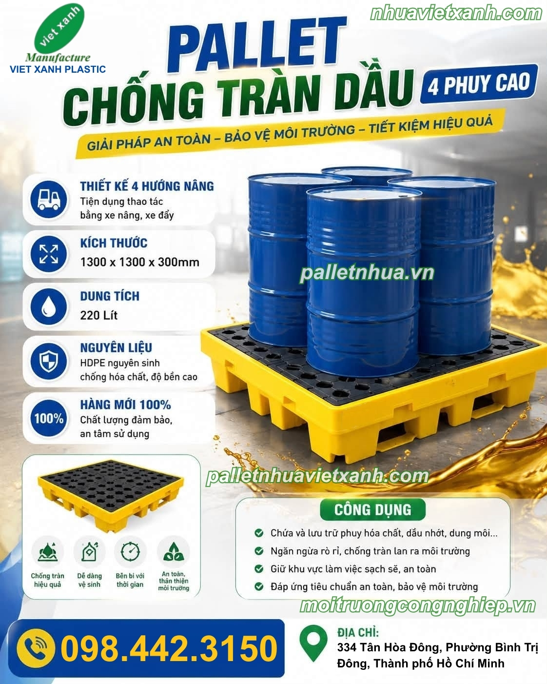 Pallet chống tràn BVMT 4 phuy 1300x1300x300mm