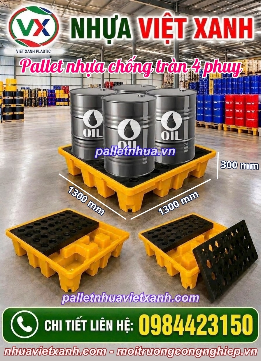 Pallet nhựa chống tràn 4 phuy 1300x1300x300mm