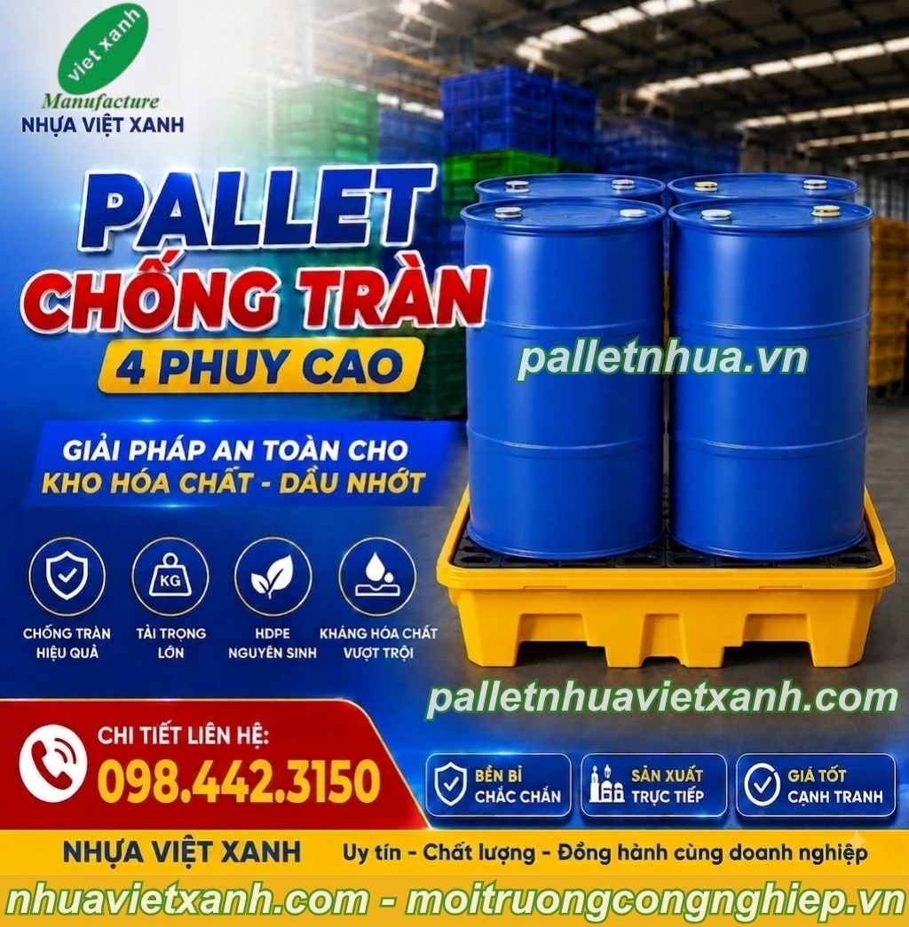 Pallet nhựa chống tràn 4 phuy cao 300mm