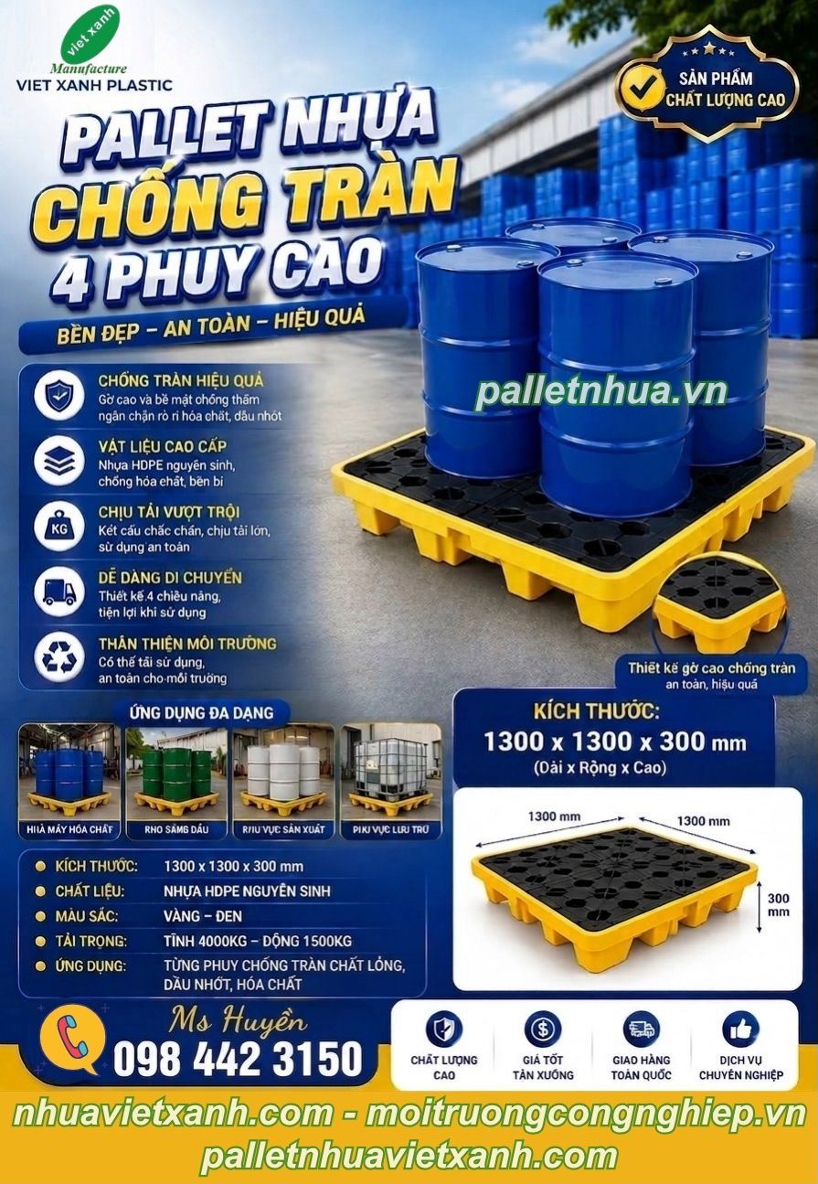 Pallet nhựa chống tràn BVMT 4 phuy 1300x1300x300mm