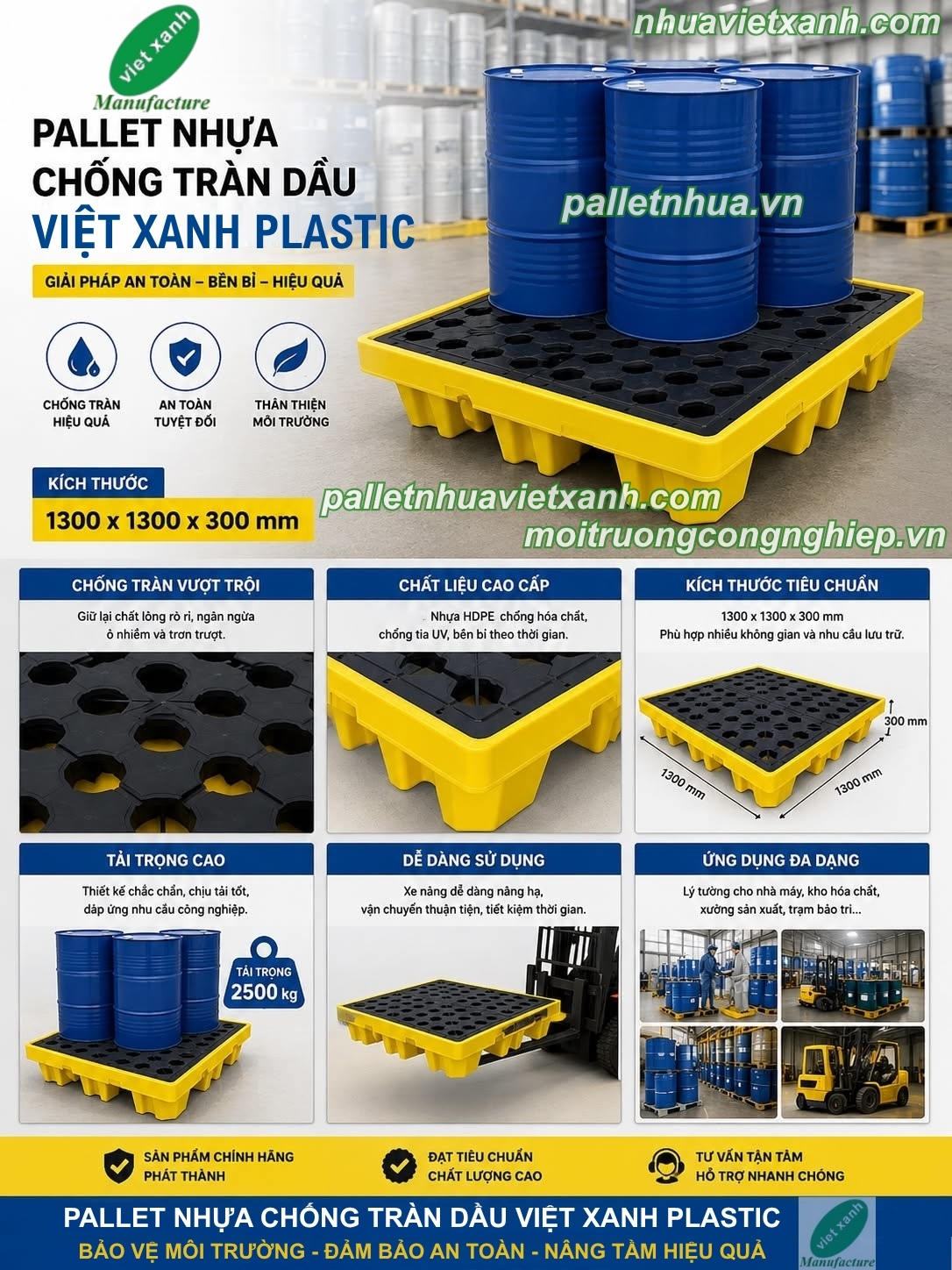 Pallet nhựa chống tràn 4 phuy cao 300mm
